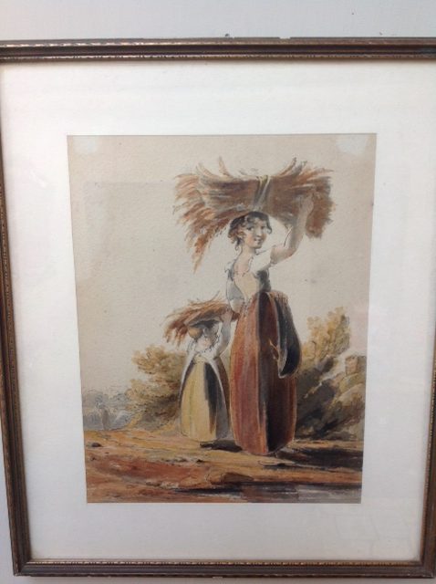 18th/early 19th c.watercolour’ harvest girl with wheat sheaf 18th/early 19th c.watercolour’ harvest girl with wheat sheaf
