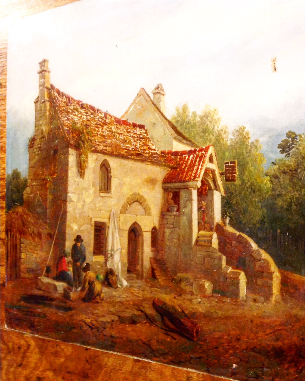 Oil painting, France, of a  man selling fish.