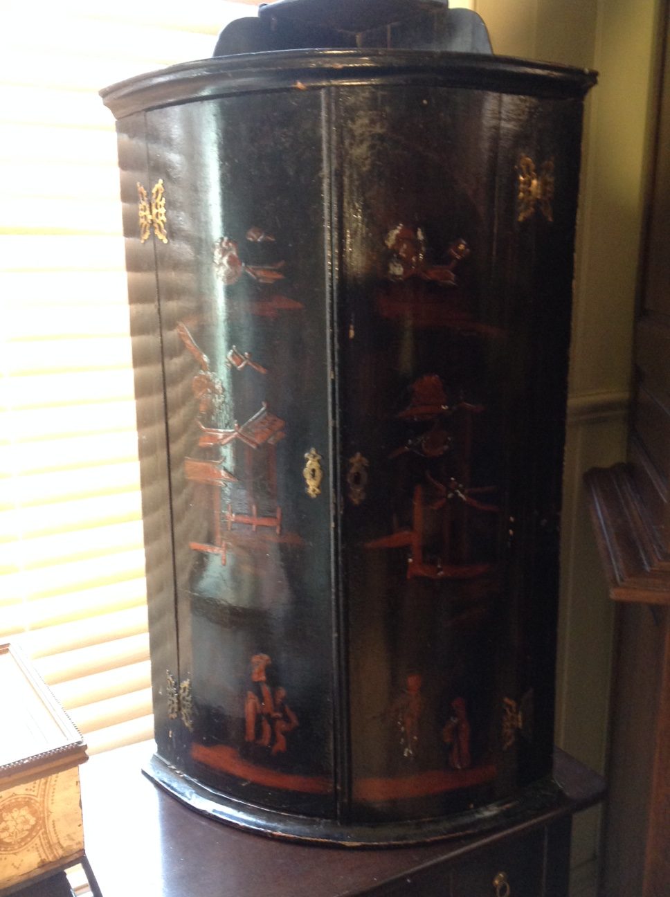 18th century japanned bow front corner cupboard,
