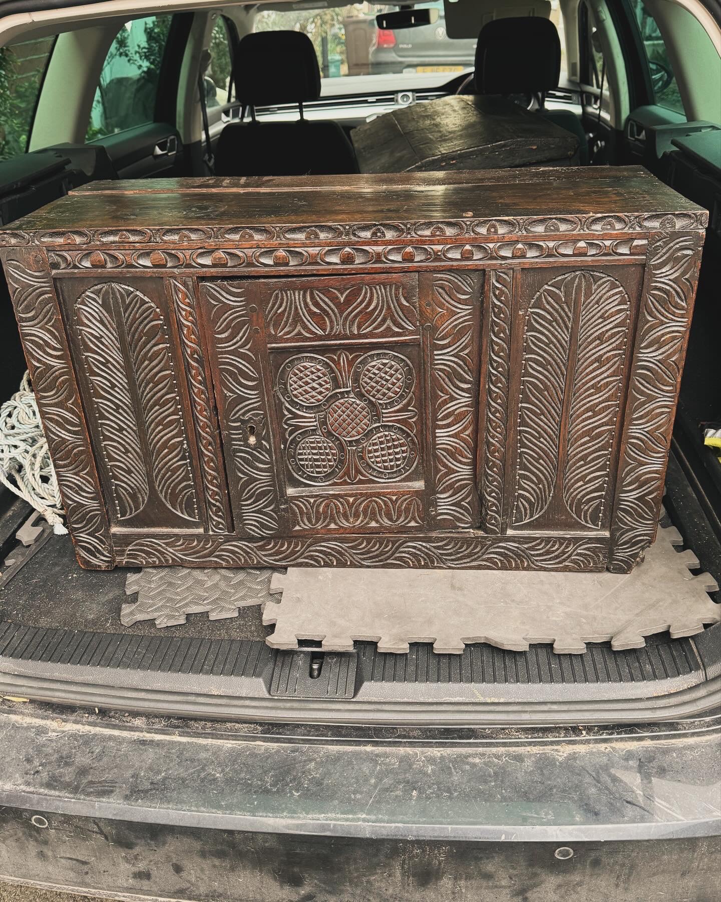 Oak Wall Cupboard circa 1670 Carved Front. English.